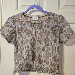 Adorable Mushroom Mesh Patterned Crop Top, Tan And Brown